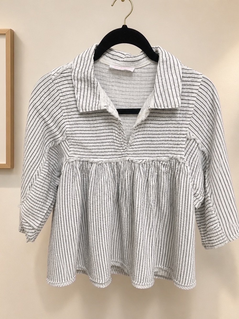 Ces Femme White Blouse boho chic with Black Pinstripe Details
